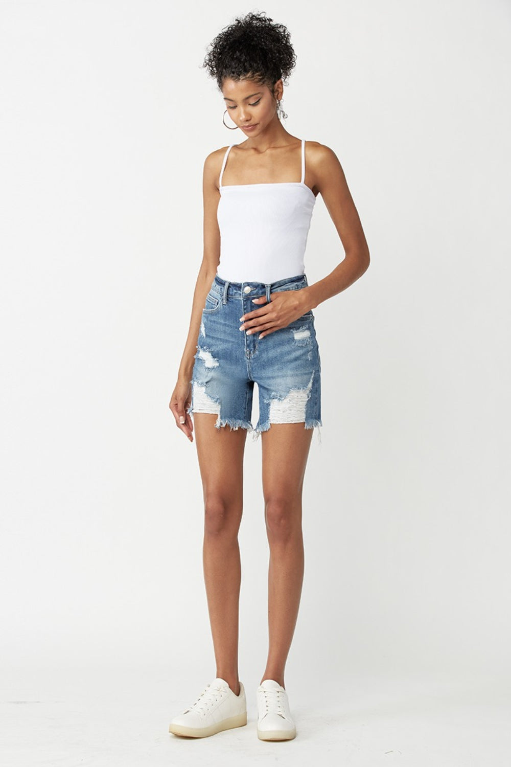 RISEN High Waisted Distressed Denim Shorts - Lavish Fix