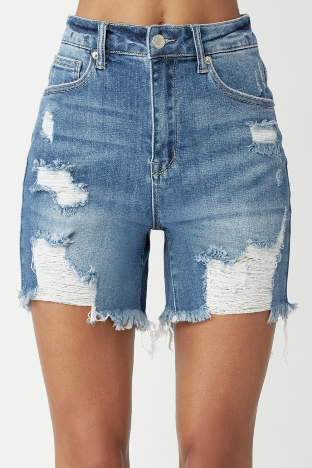 RISEN High Waisted Distressed Denim Shorts - Lavish Fix