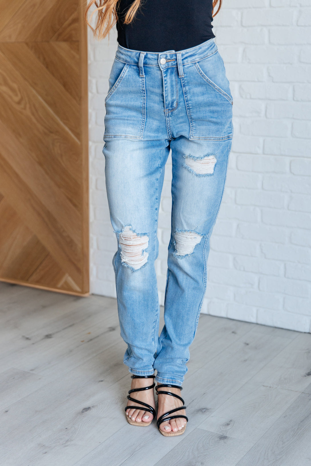 Aiden High Rise Patch Pocket Distressed Boyfriend Jeans - Lavish Fix