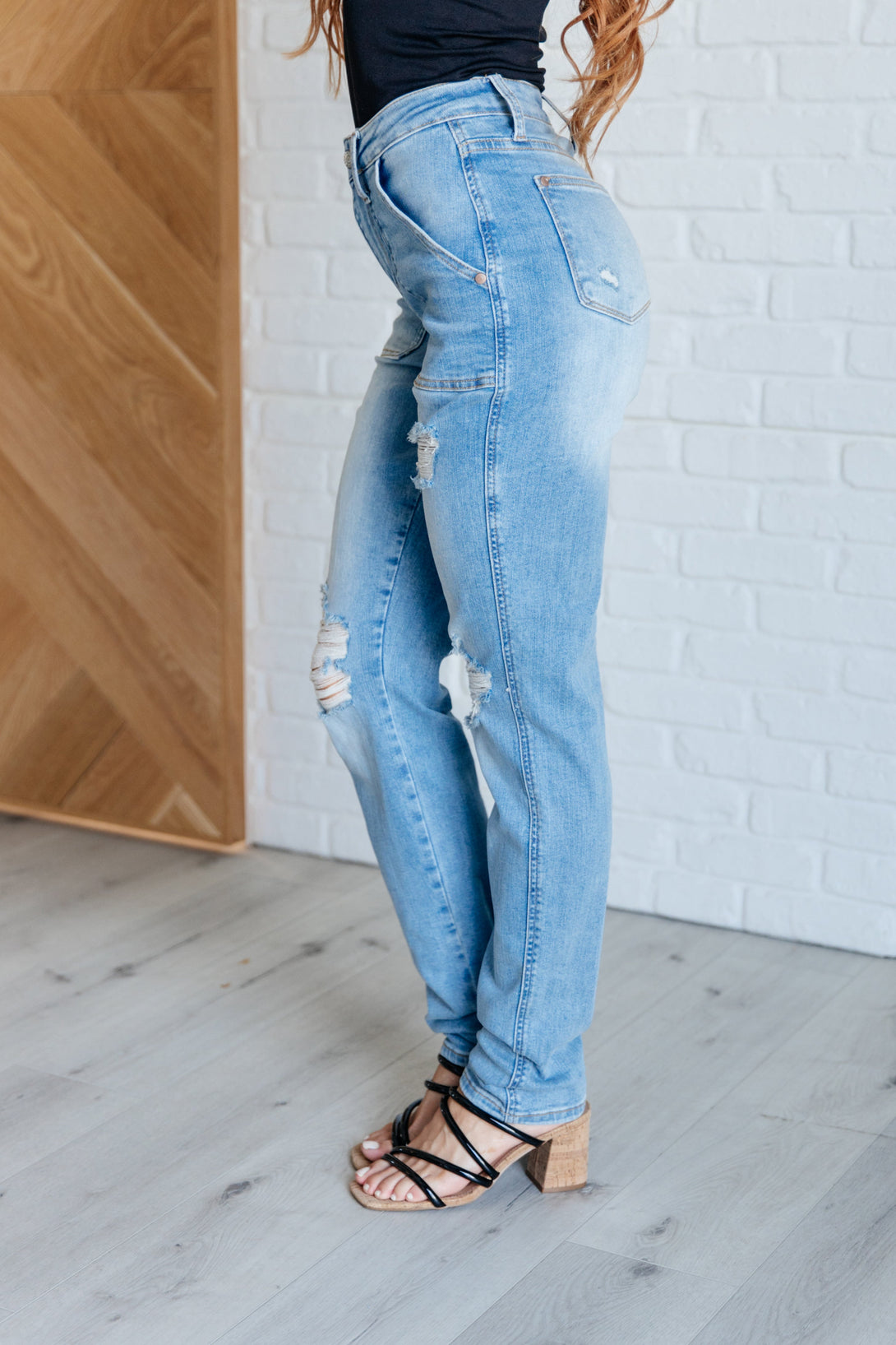 Aiden High Rise Patch Pocket Distressed Boyfriend Jeans - Lavish Fix