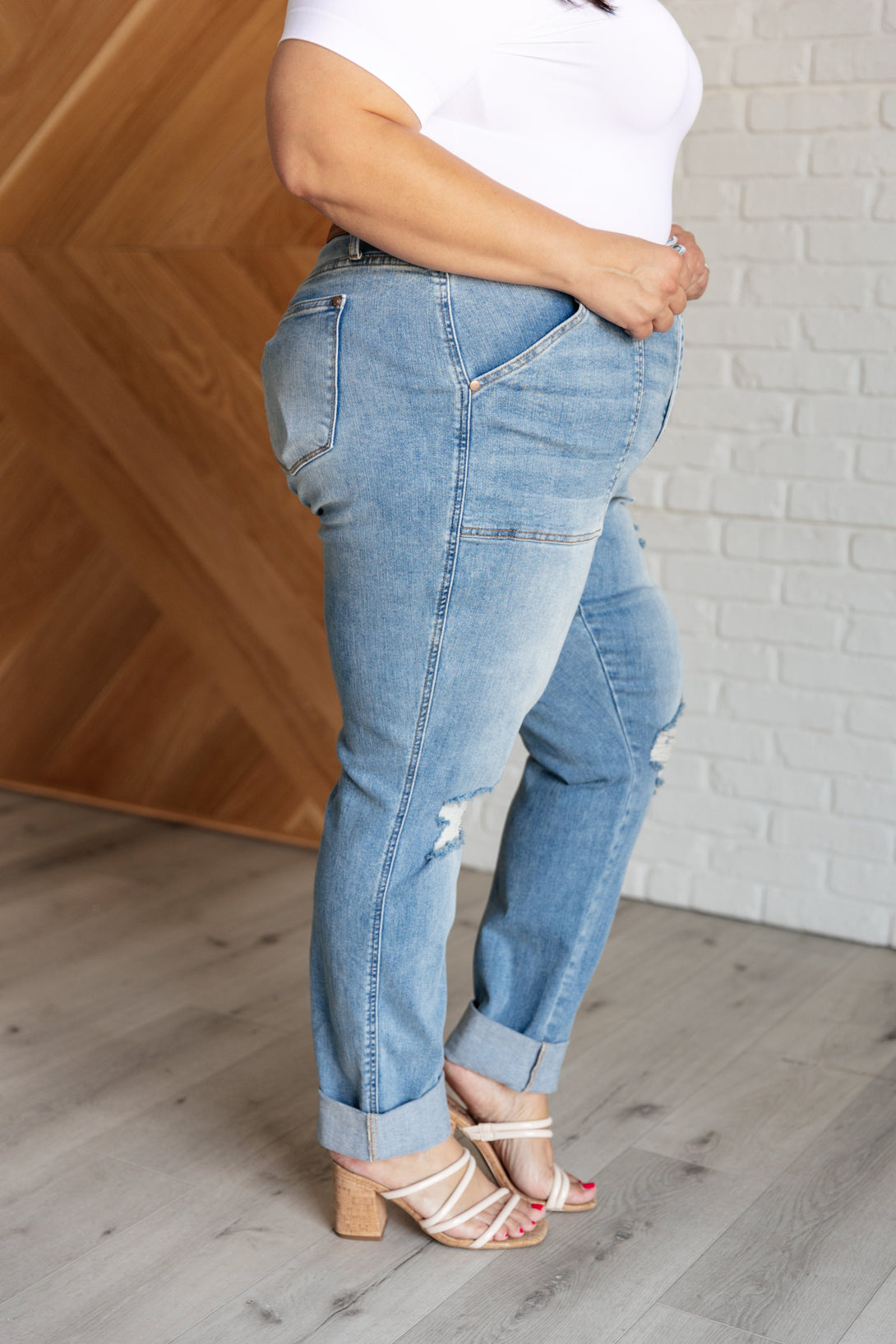 Aiden High Rise Patch Pocket Distressed Boyfriend Jeans - Lavish Fix