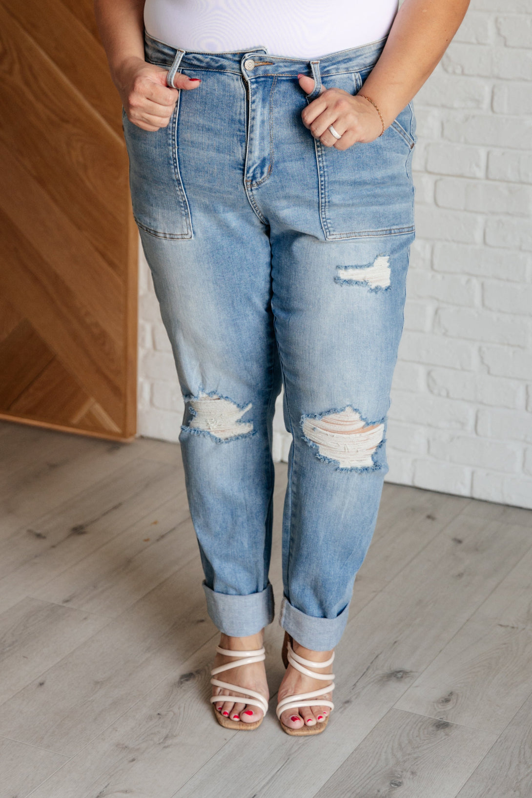 Aiden High Rise Patch Pocket Distressed Boyfriend Jeans - Lavish Fix