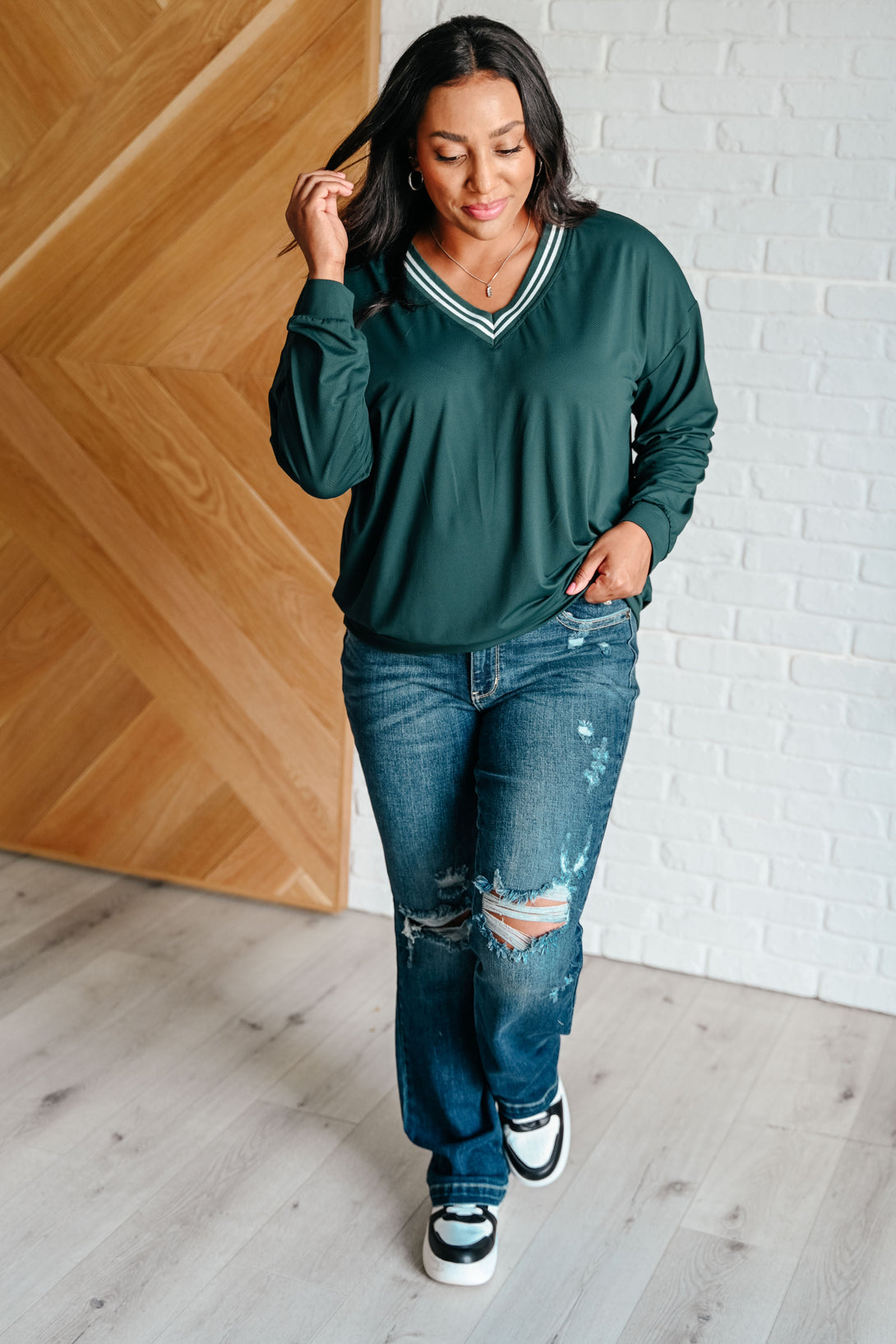 All Out Comfort V-Neck Pullover in Midnight Green - Lavish Fix