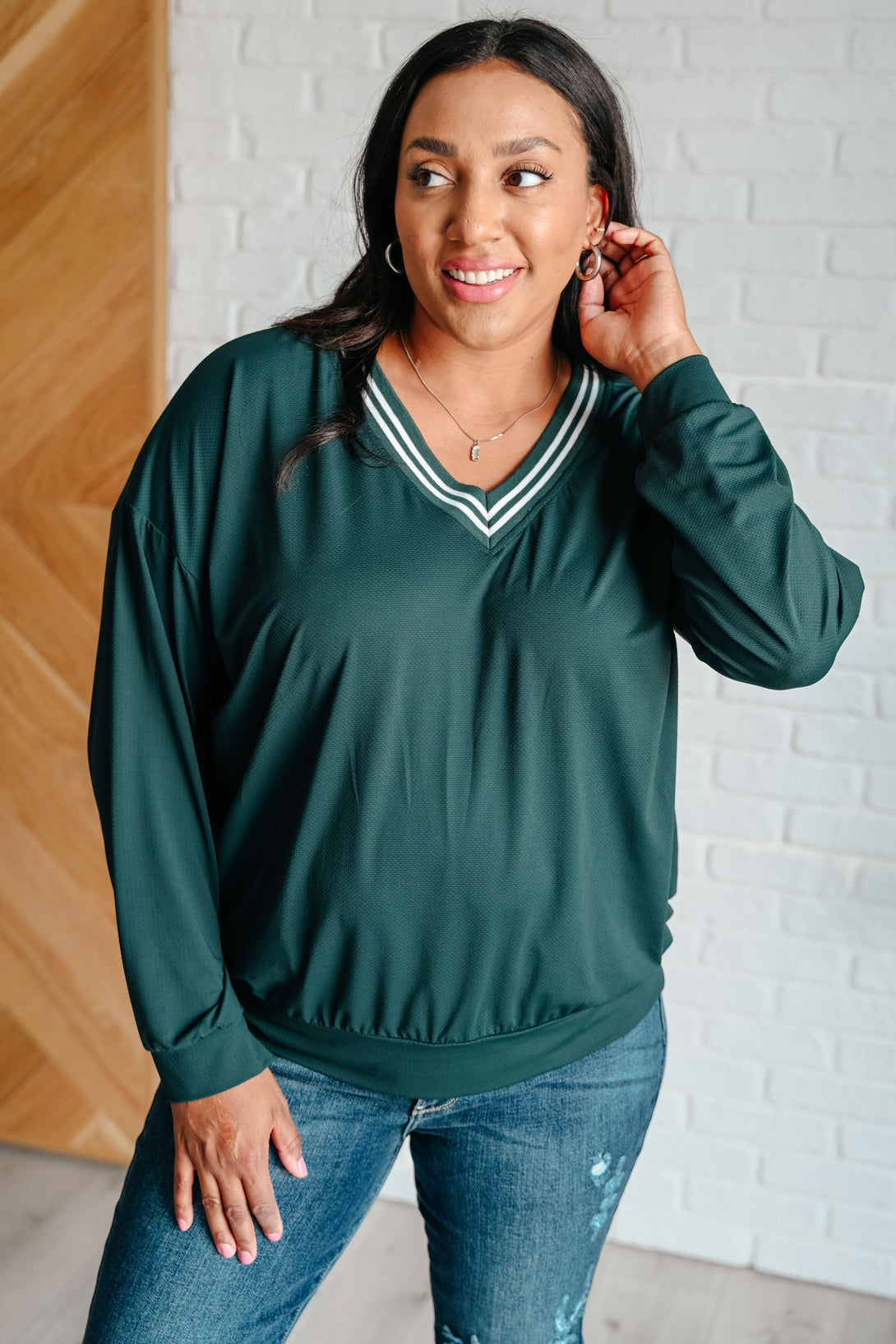 All Out Comfort V-Neck Pullover in Midnight Green - Lavish Fix