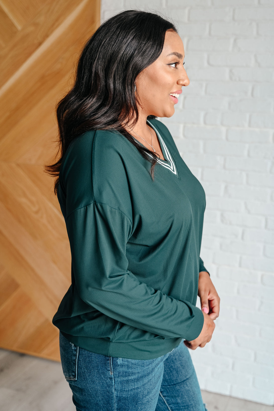 All Out Comfort V-Neck Pullover in Midnight Green - Lavish Fix