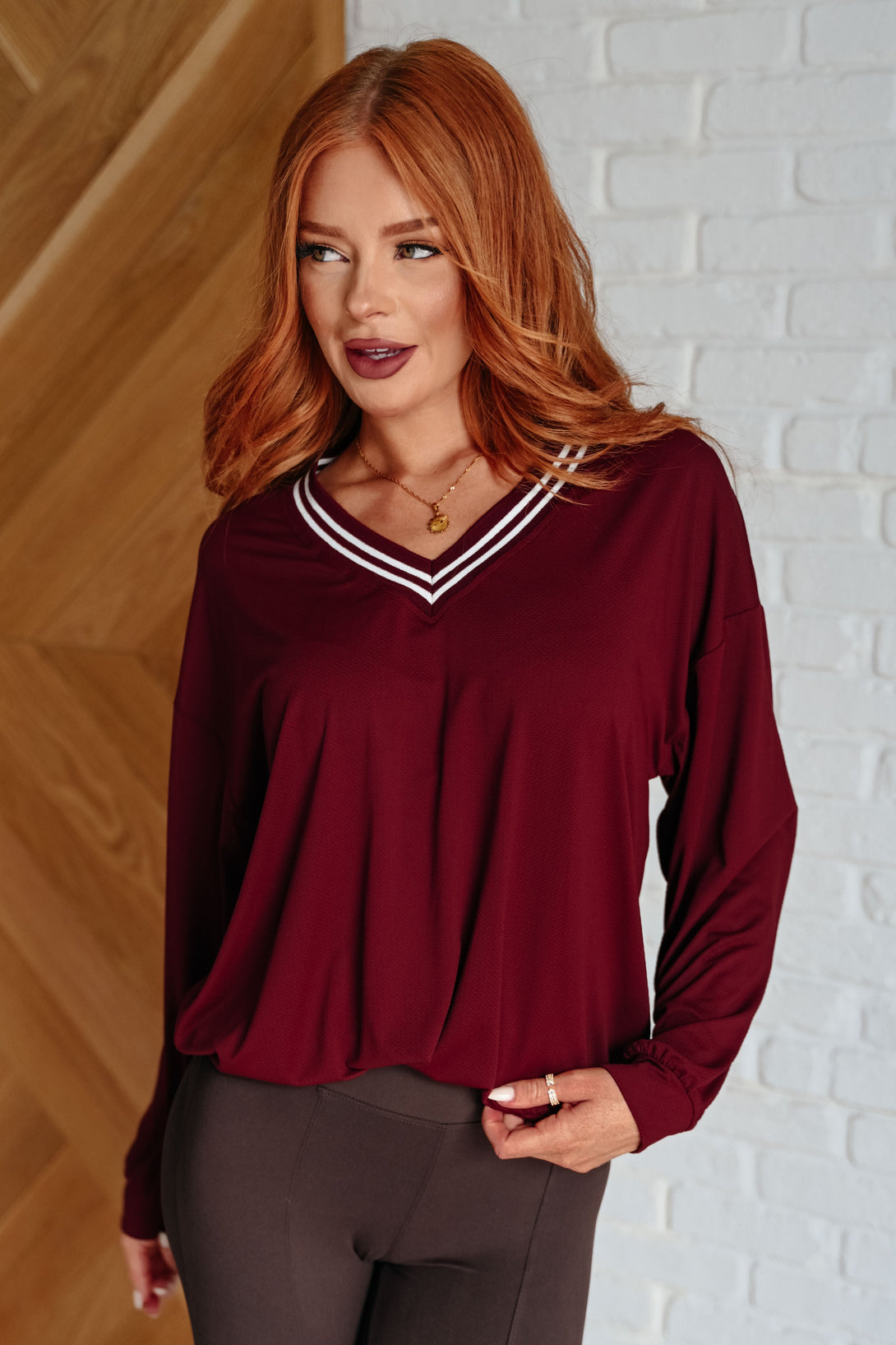 All Out Comfort V-Neck Pullover in Red Merlot - Lavish Fix