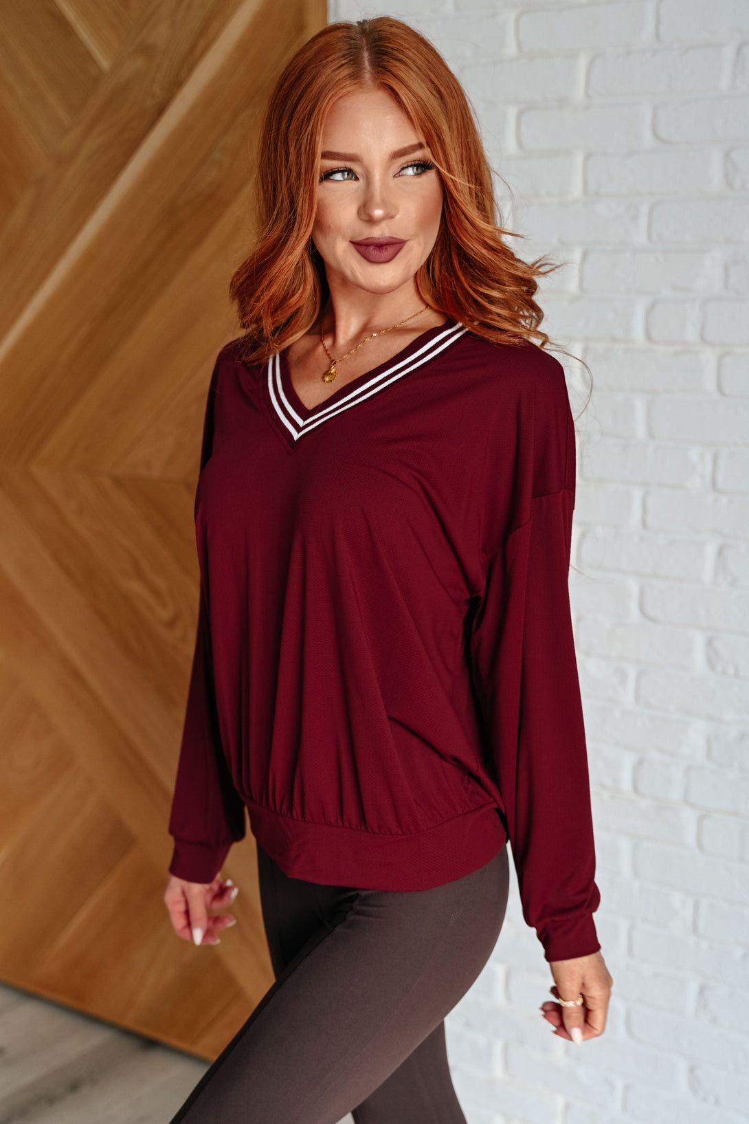 All Out Comfort V-Neck Pullover in Red Merlot - Lavish Fix