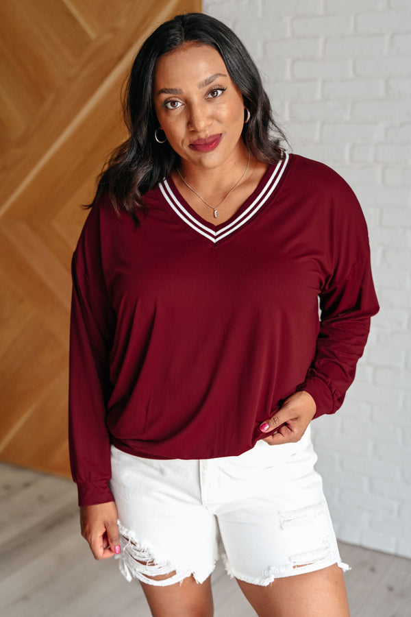 All Out Comfort V-Neck Pullover in Red Merlot - Lavish Fix