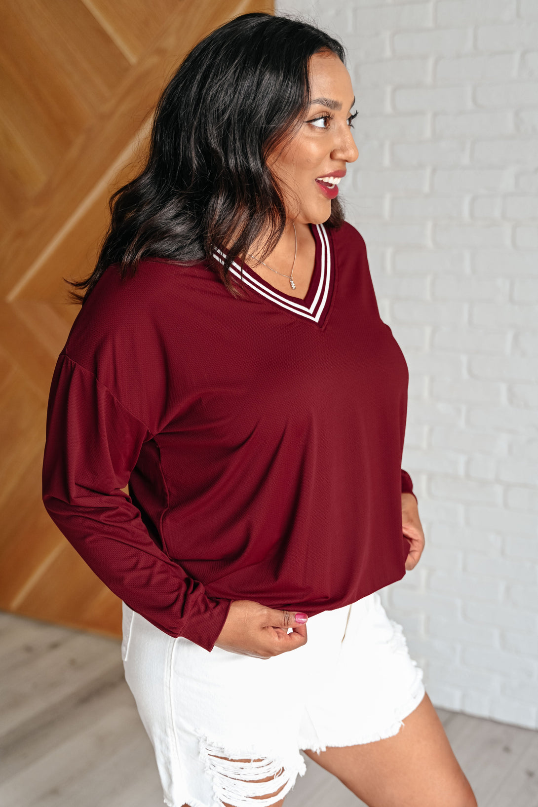 All Out Comfort V-Neck Pullover in Red Merlot - Lavish Fix