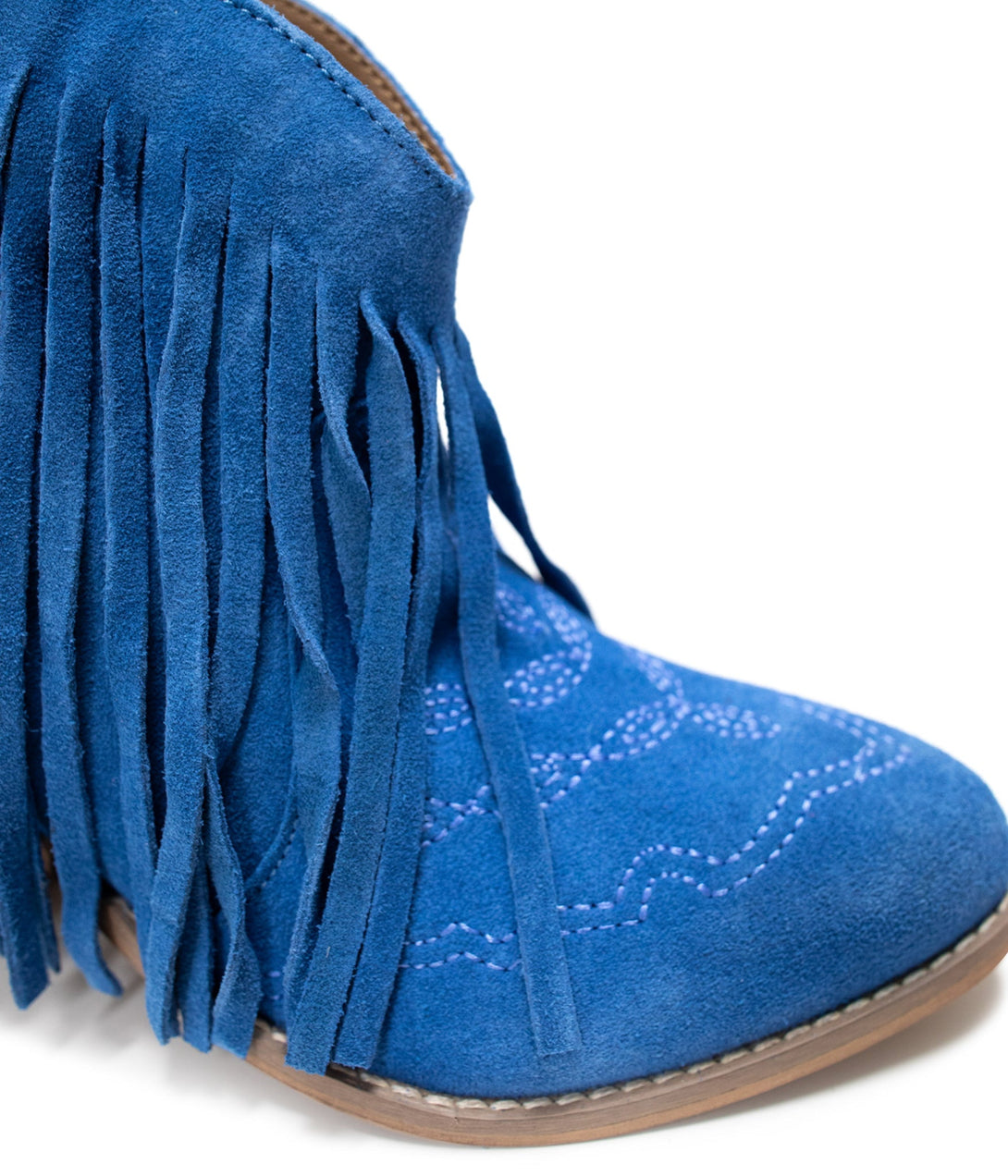 Amos Fringe Ankle Bootie in Blue Suede - Lavish Fix