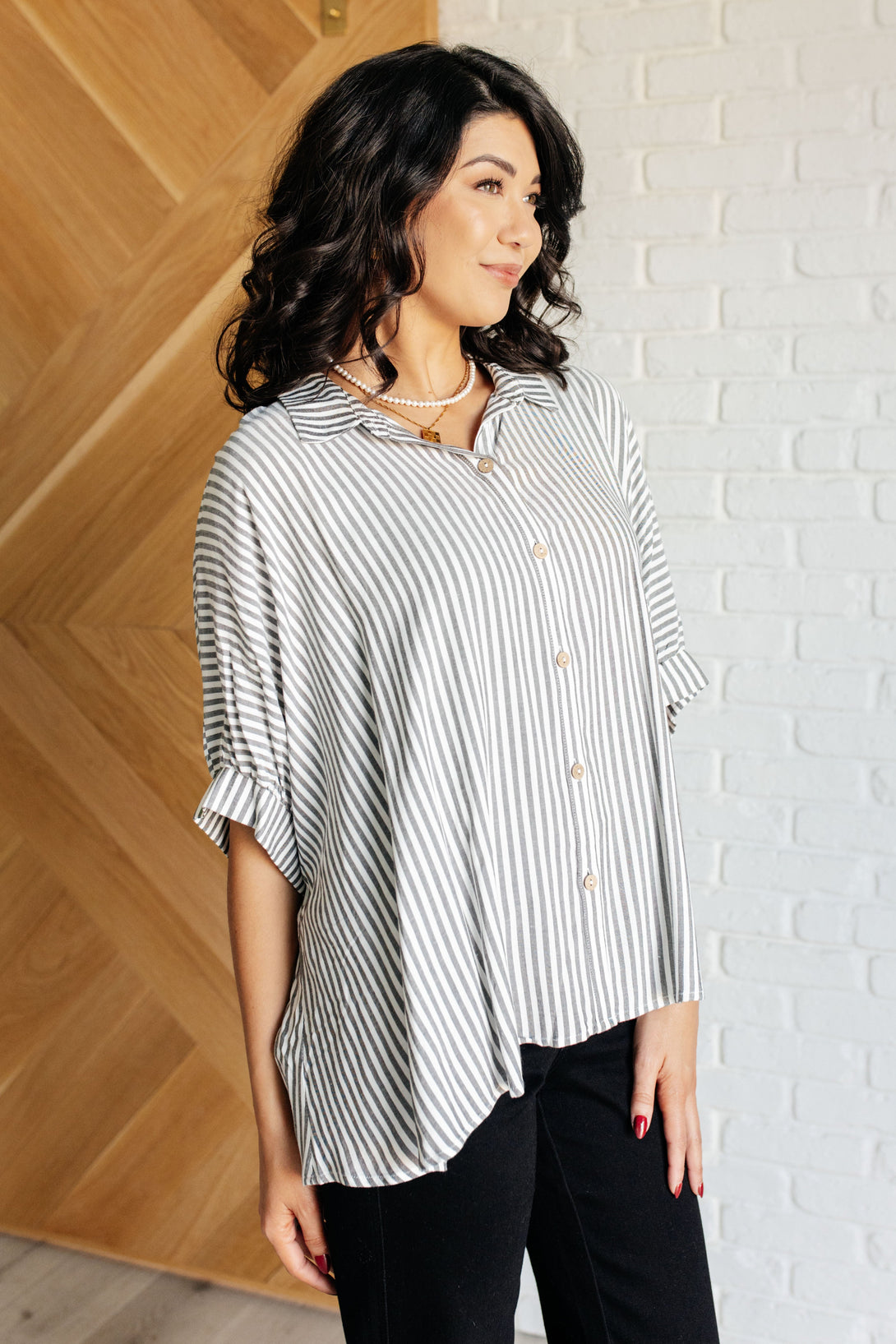 Boxy Striped Button Up in Black - Lavish Fix