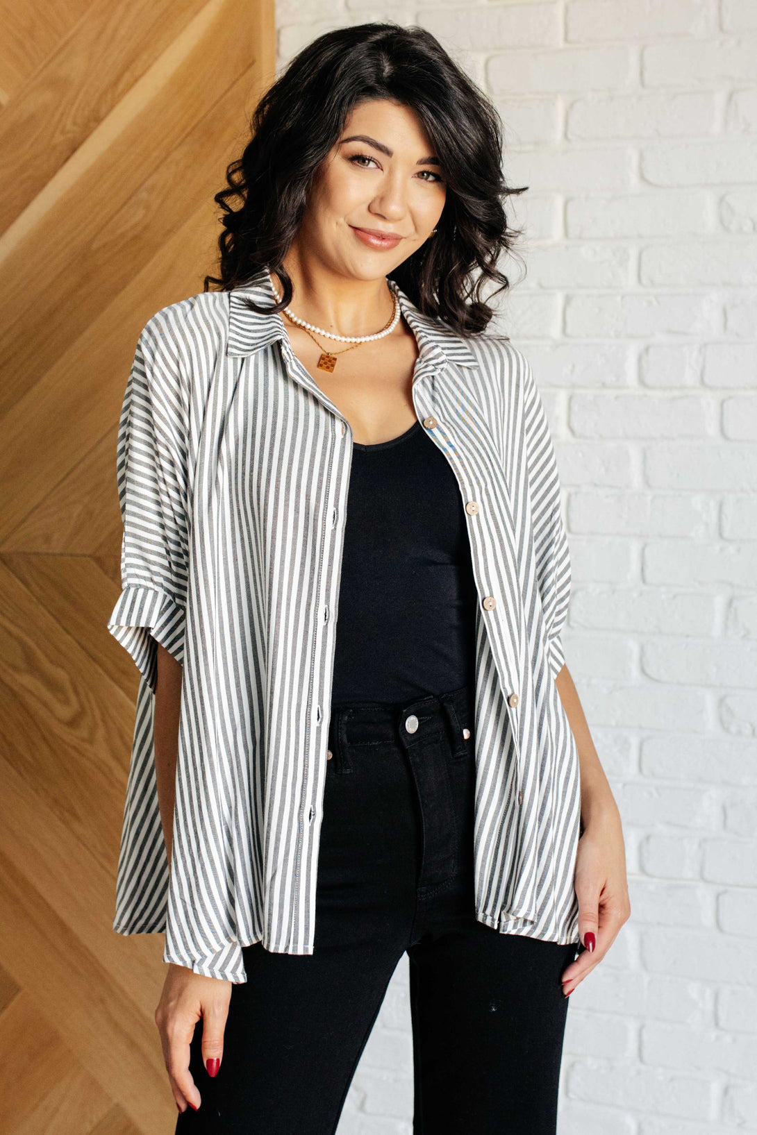 Boxy Striped Button Up in Black - Lavish Fix