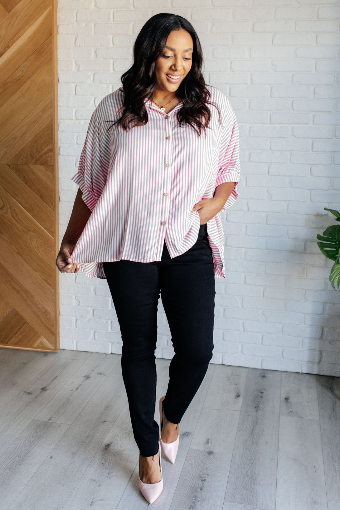 Boxy Striped Button Up in Hot Pink - Lavish Fix