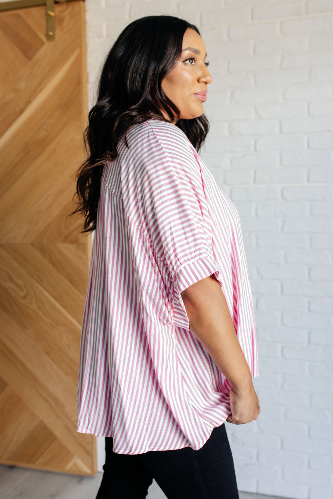 Boxy Striped Button Up in Hot Pink - Lavish Fix