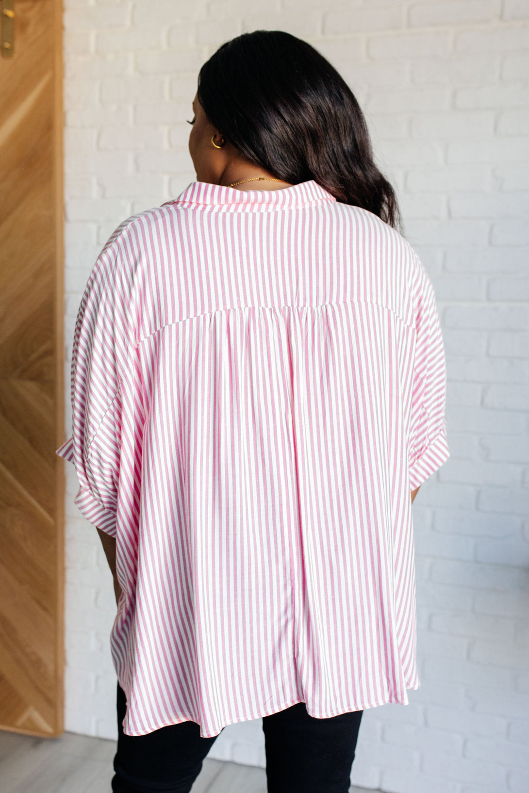 Boxy Striped Button Up in Hot Pink - Lavish Fix