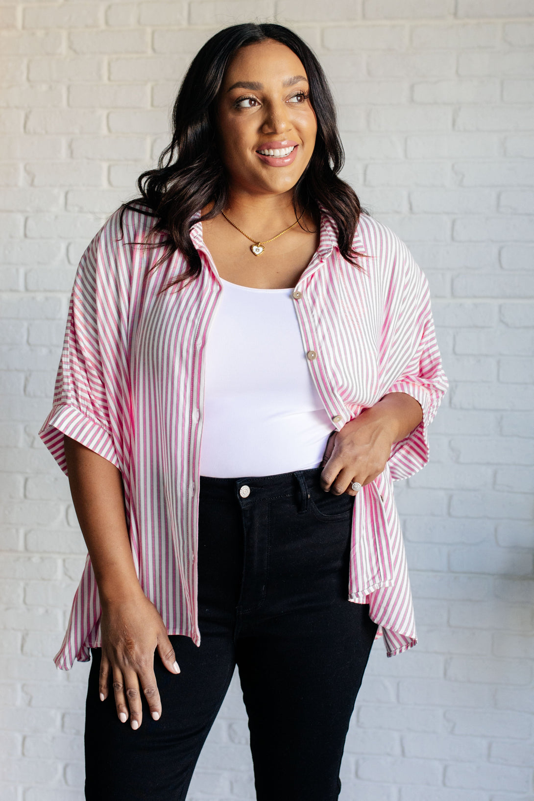 Boxy Striped Button Up in Hot Pink - Lavish Fix