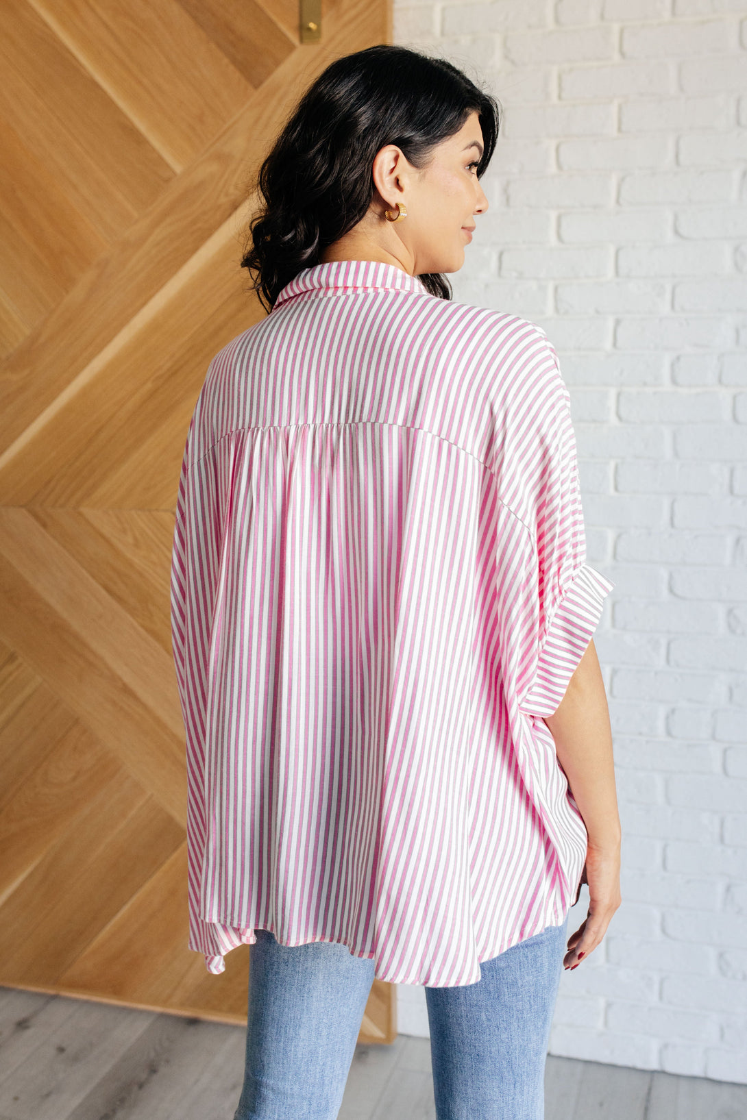 Boxy Striped Button Up in Hot Pink - Lavish Fix