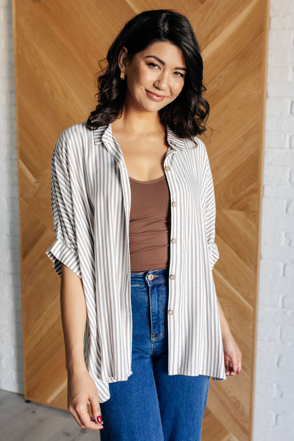 Boxy Striped Button Up in Mocha - Lavish Fix