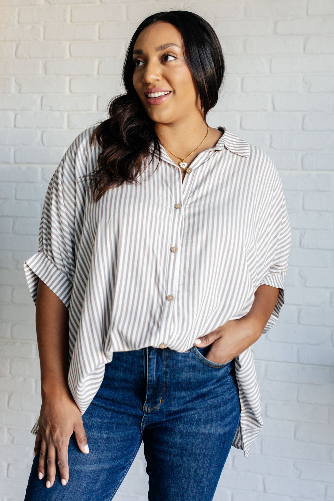 Boxy Striped Button Up in Mocha - Lavish Fix