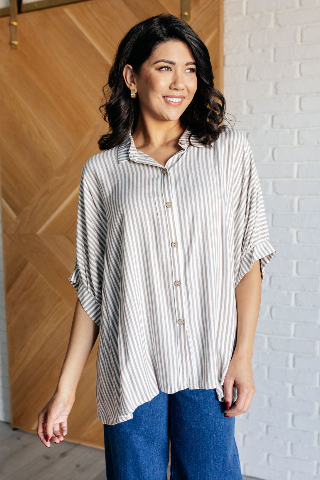 Boxy Striped Button Up in Mocha - Lavish Fix