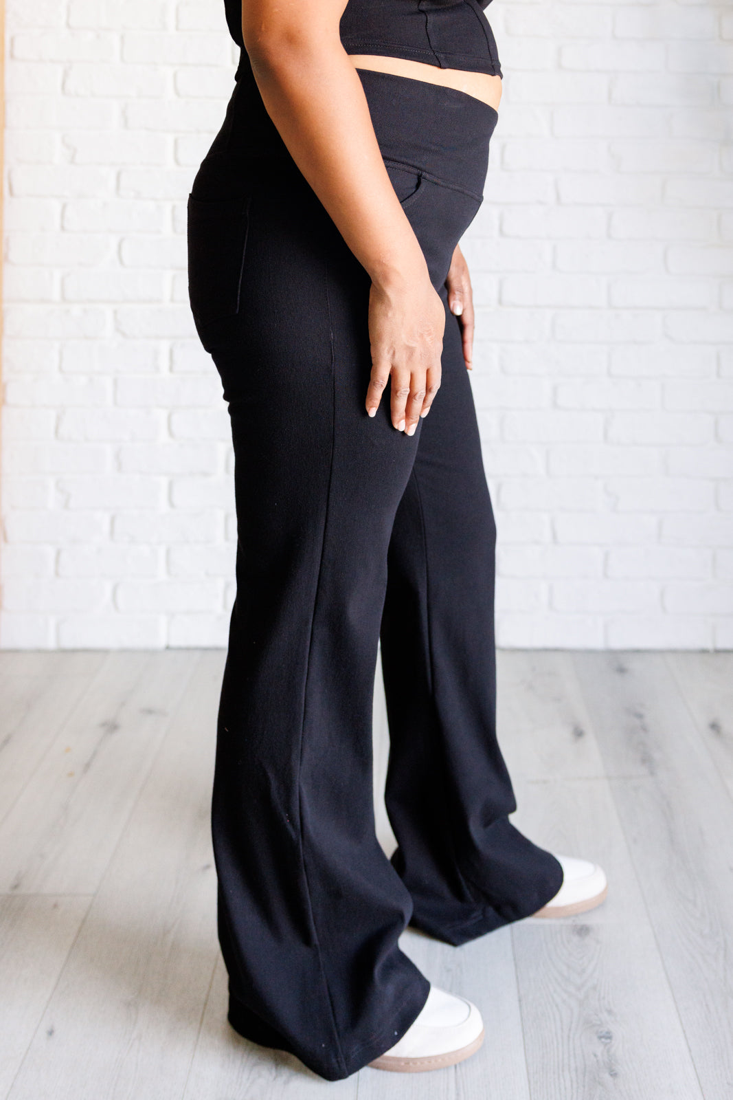 Building Habits Twill Flared Crossover Waist Pant in Black - Lavish Fix