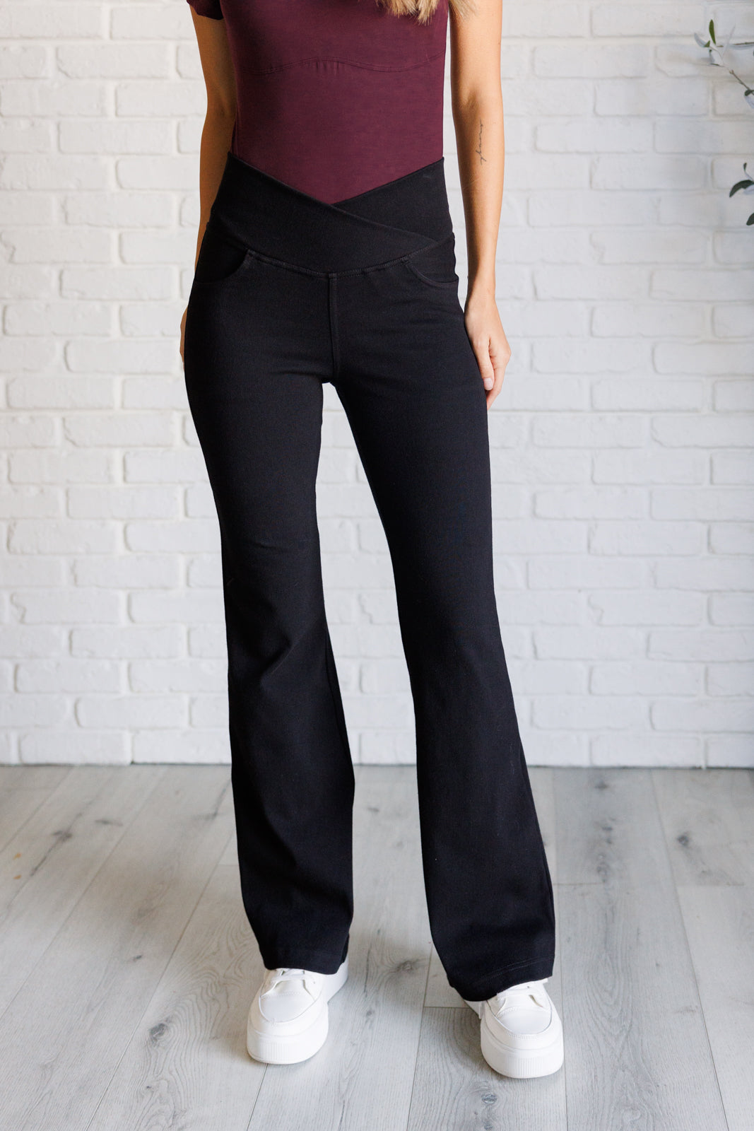 Building Habits Twill Flared Crossover Waist Pant in Black - Lavish Fix