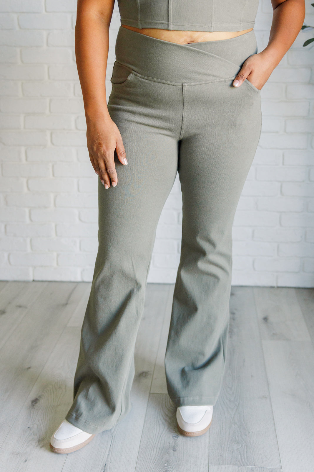 Building Habits Twill Flared Crossover Waist Pant in Dusty Olive - Lavish Fix