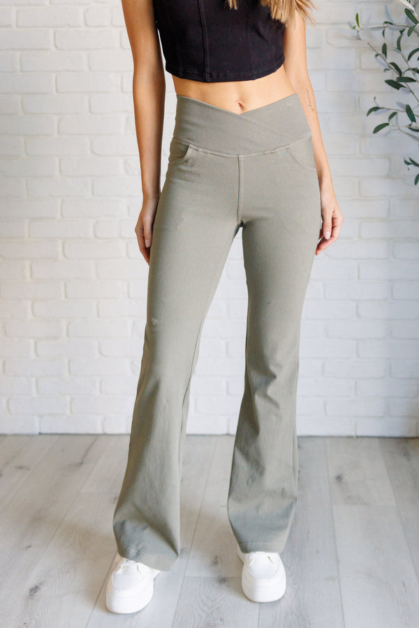 Building Habits Twill Flared Crossover Waist Pant in Dusty Olive - Lavish Fix