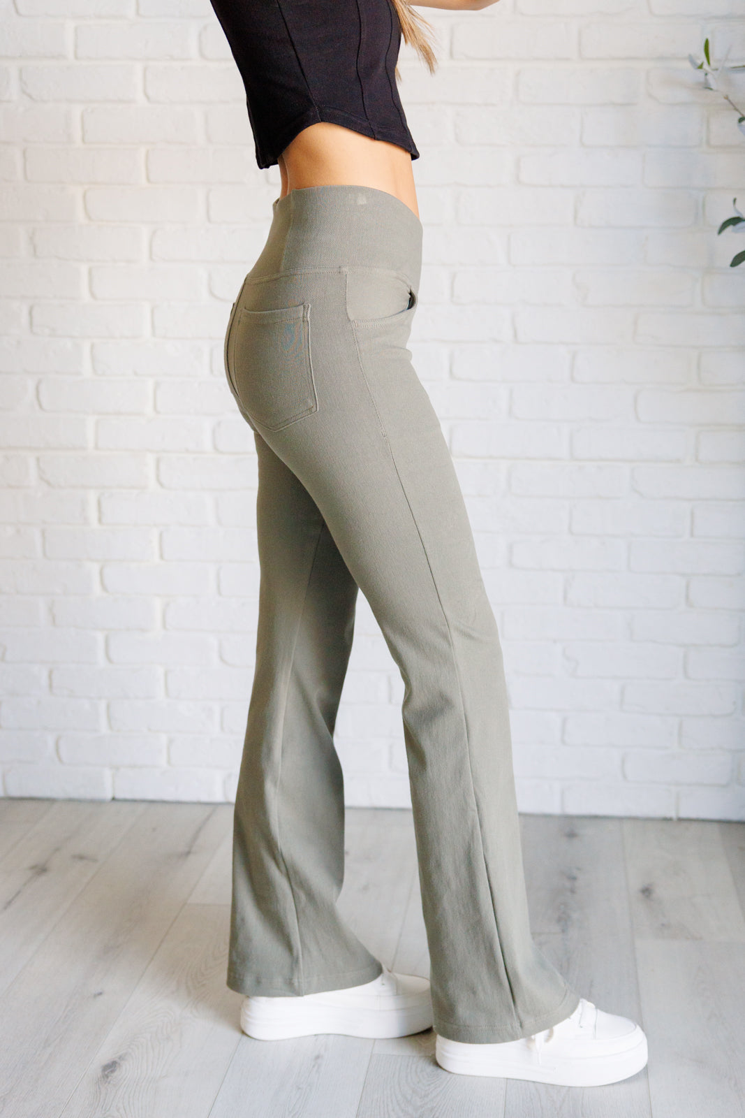 Building Habits Twill Flared Crossover Waist Pant in Dusty Olive - Lavish Fix