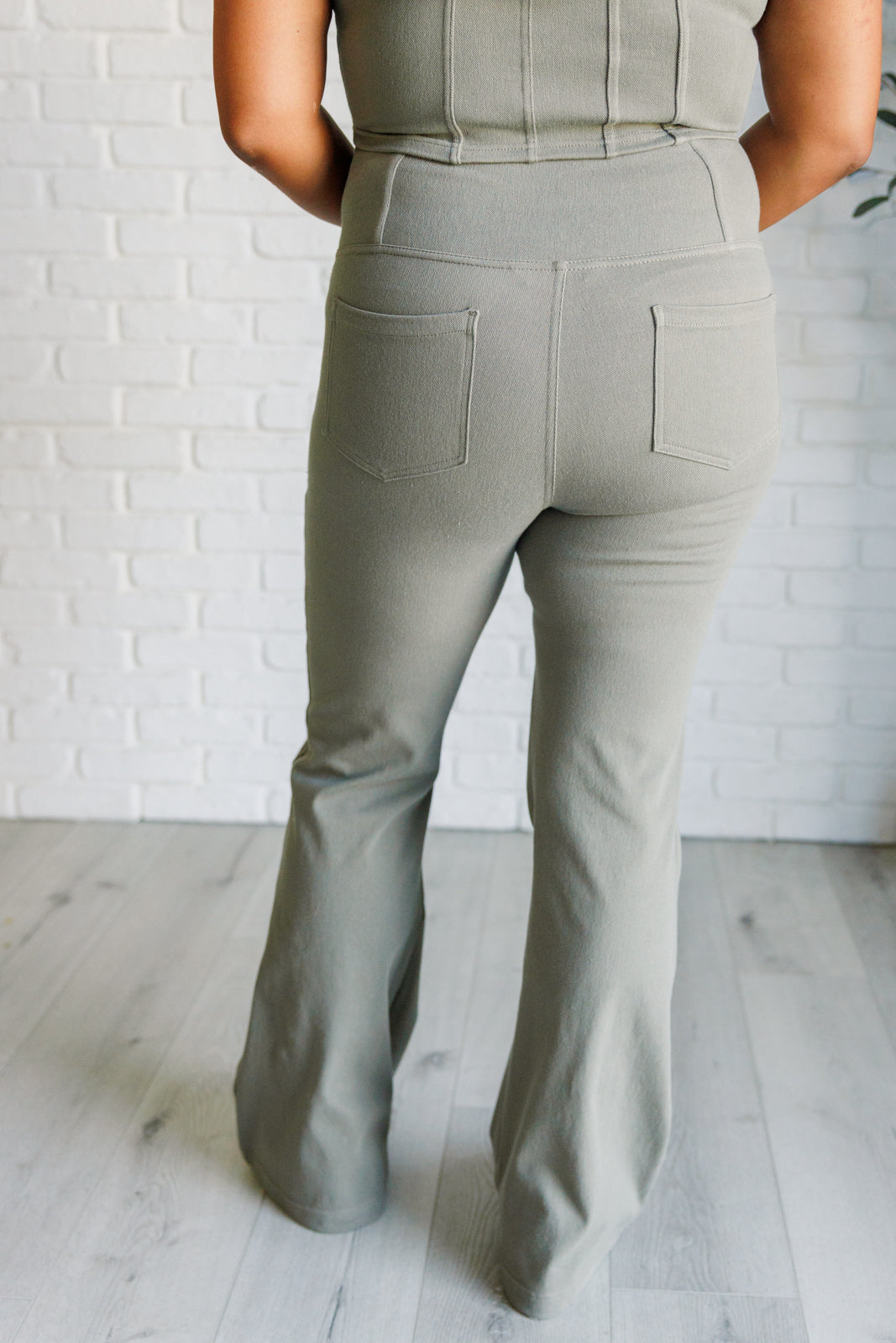 Building Habits Twill Flared Crossover Waist Pant in Dusty Olive - Lavish Fix