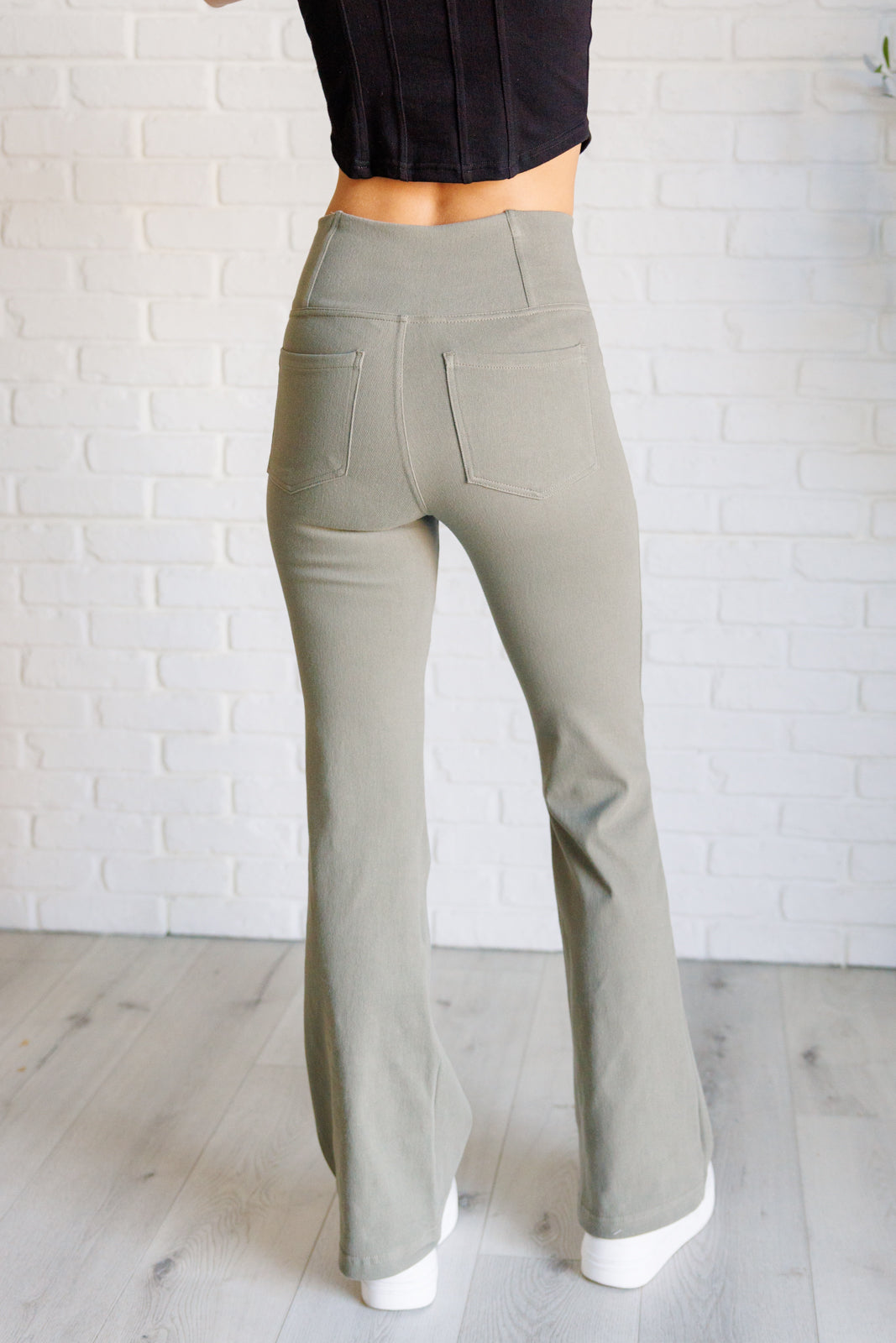 Building Habits Twill Flared Crossover Waist Pant in Dusty Olive - Lavish Fix