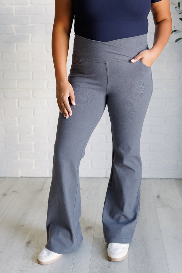 Building Habits Twill Flared Crossover Waist Pant in Titanium - Lavish Fix