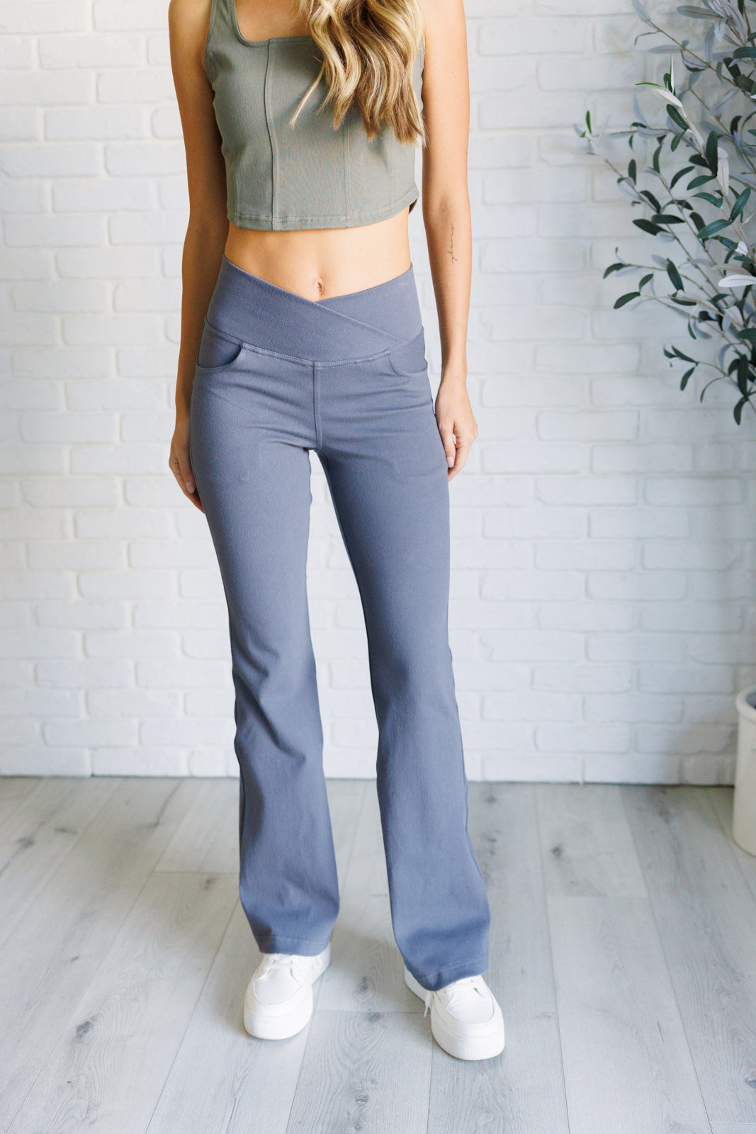 Building Habits Twill Flared Crossover Waist Pant in Titanium - Lavish Fix