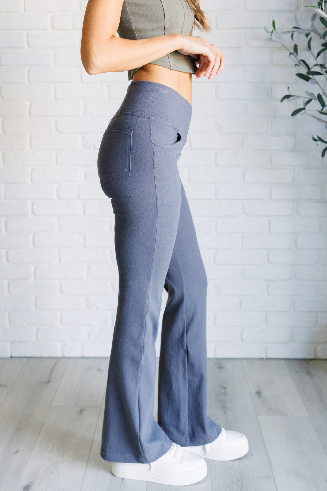 Building Habits Twill Flared Crossover Waist Pant in Titanium - Lavish Fix