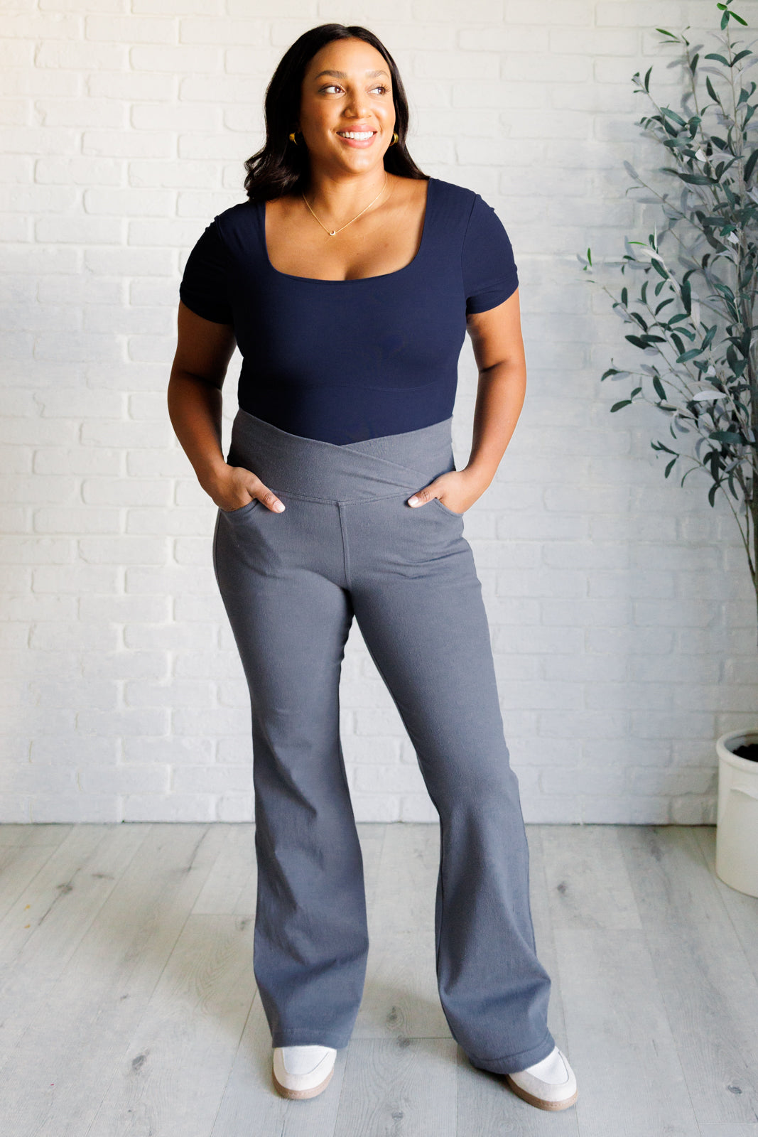 Building Habits Twill Flared Crossover Waist Pant in Titanium - Lavish Fix