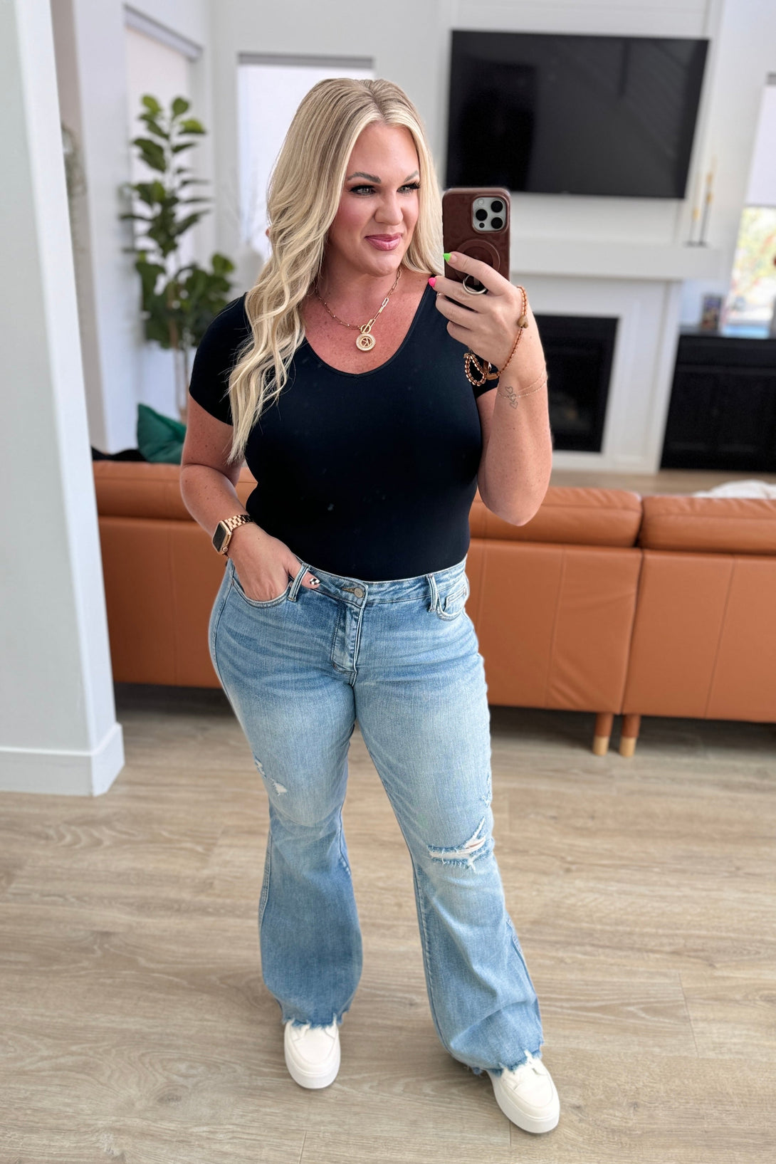 Caroline Mid Rise Control Top Distressed Flare Jeans - Lavish Fix