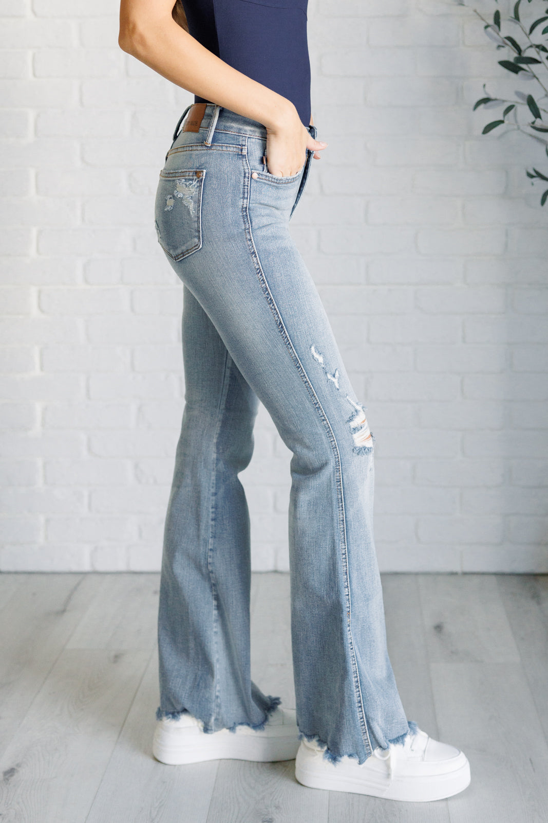 Caroline Mid Rise Control Top Distressed Flare Jeans - Lavish Fix