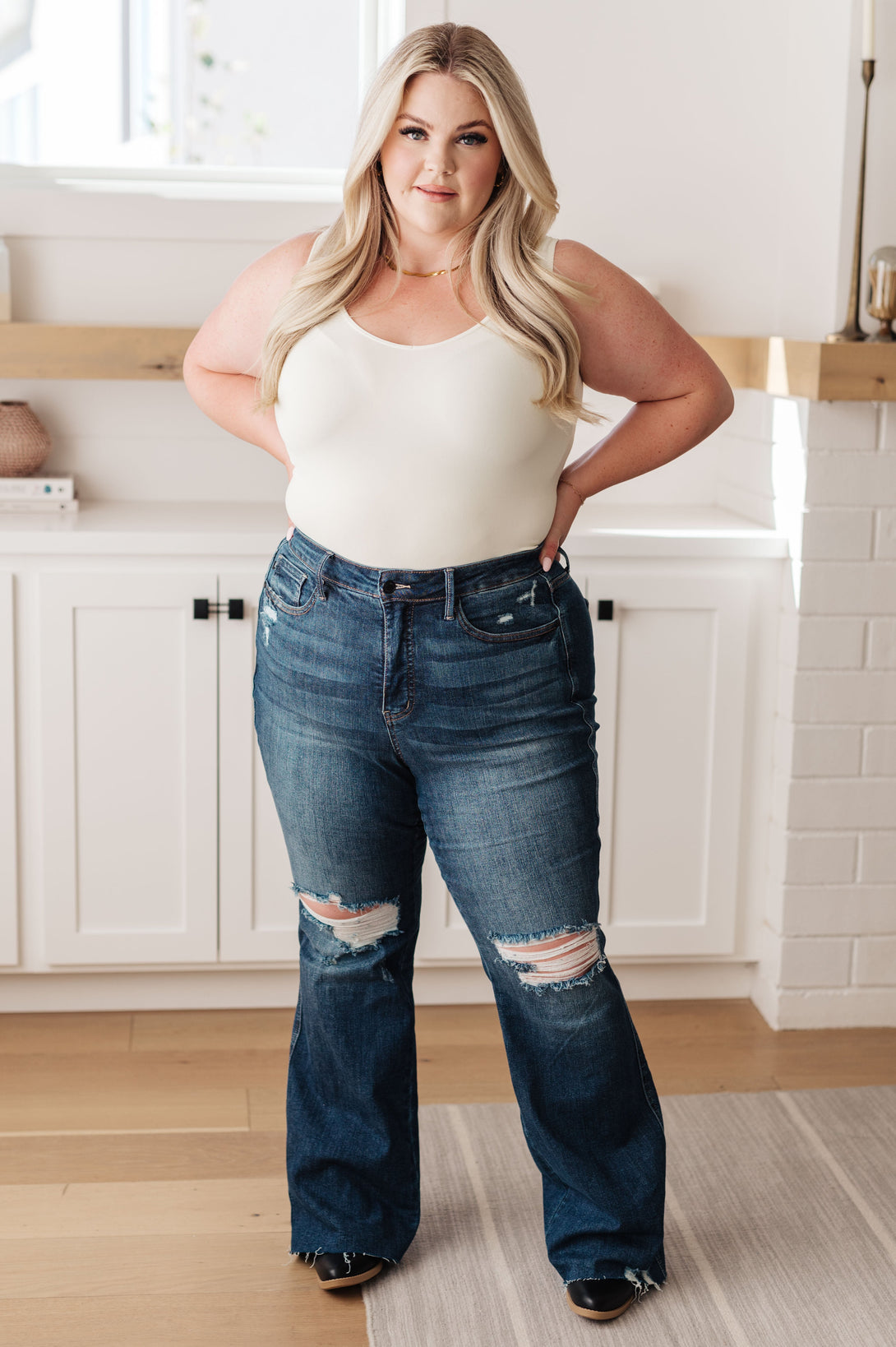 Cassandra High Rise Control Top Distressed Flare Jeans - Lavish Fix