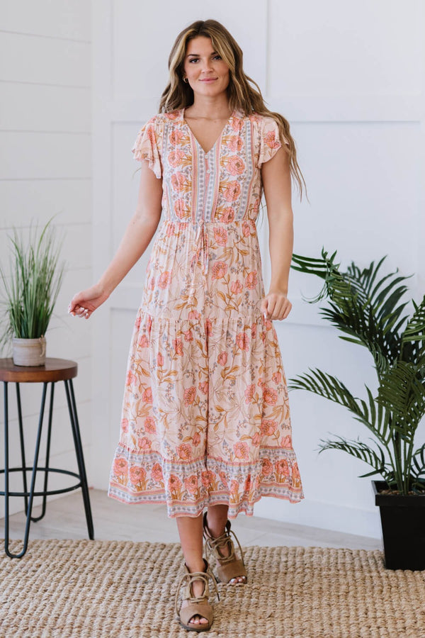 Floral Tiered V-Neck Flutter Sleeve Dress