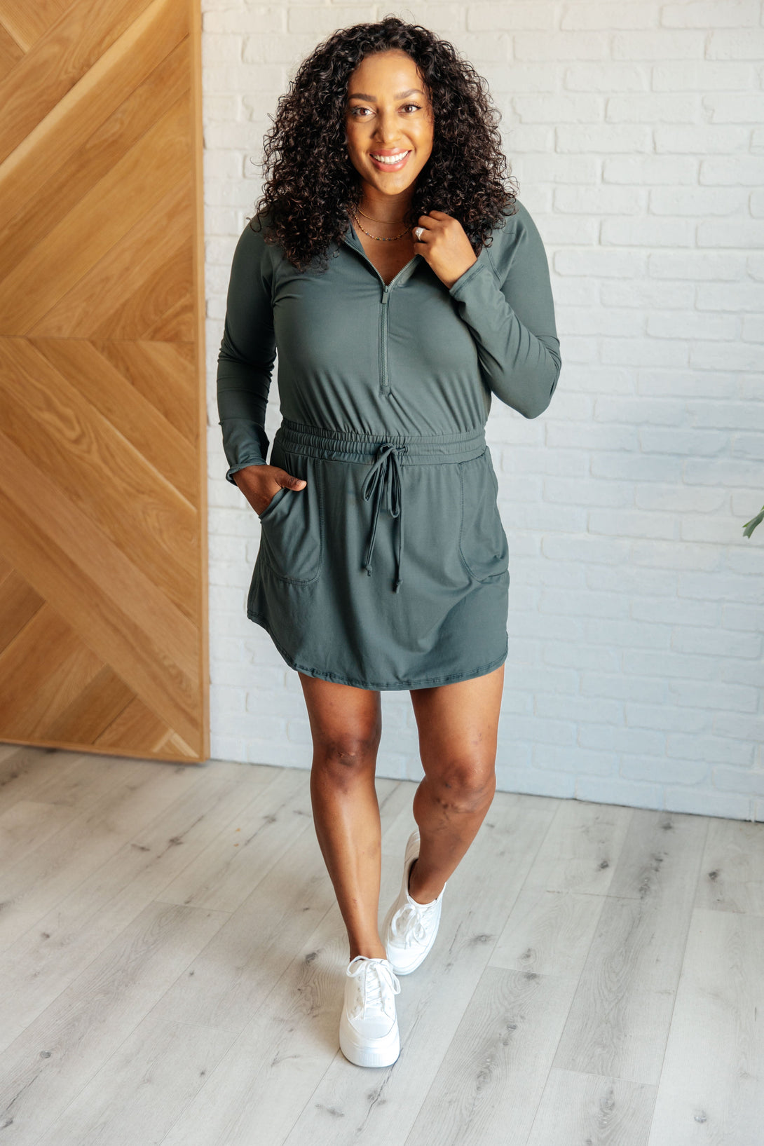 Getting Out Long Sleeve Hoodie Romper in Smoked Spruce - Lavish Fix