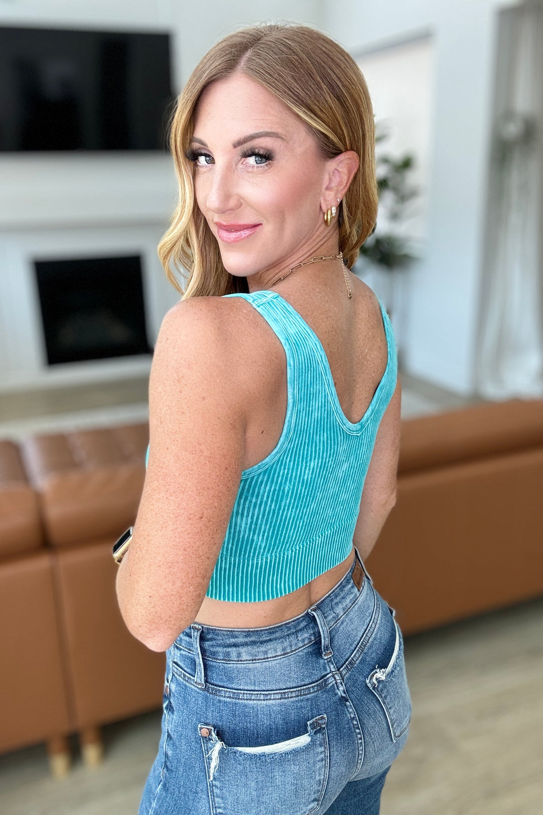 When and Where Reversible Ribbed Cropped Tank in Light Teal - Lavish Fix