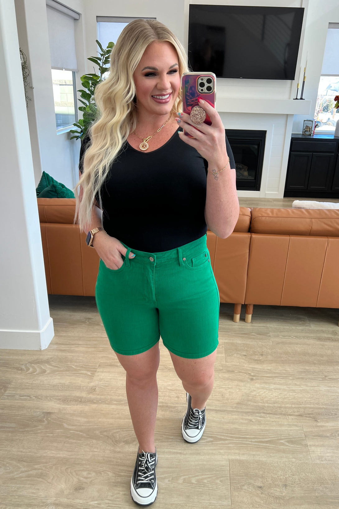 Jenna High Rise Control Top Cuffed Shorts in Green - Lavish Fix