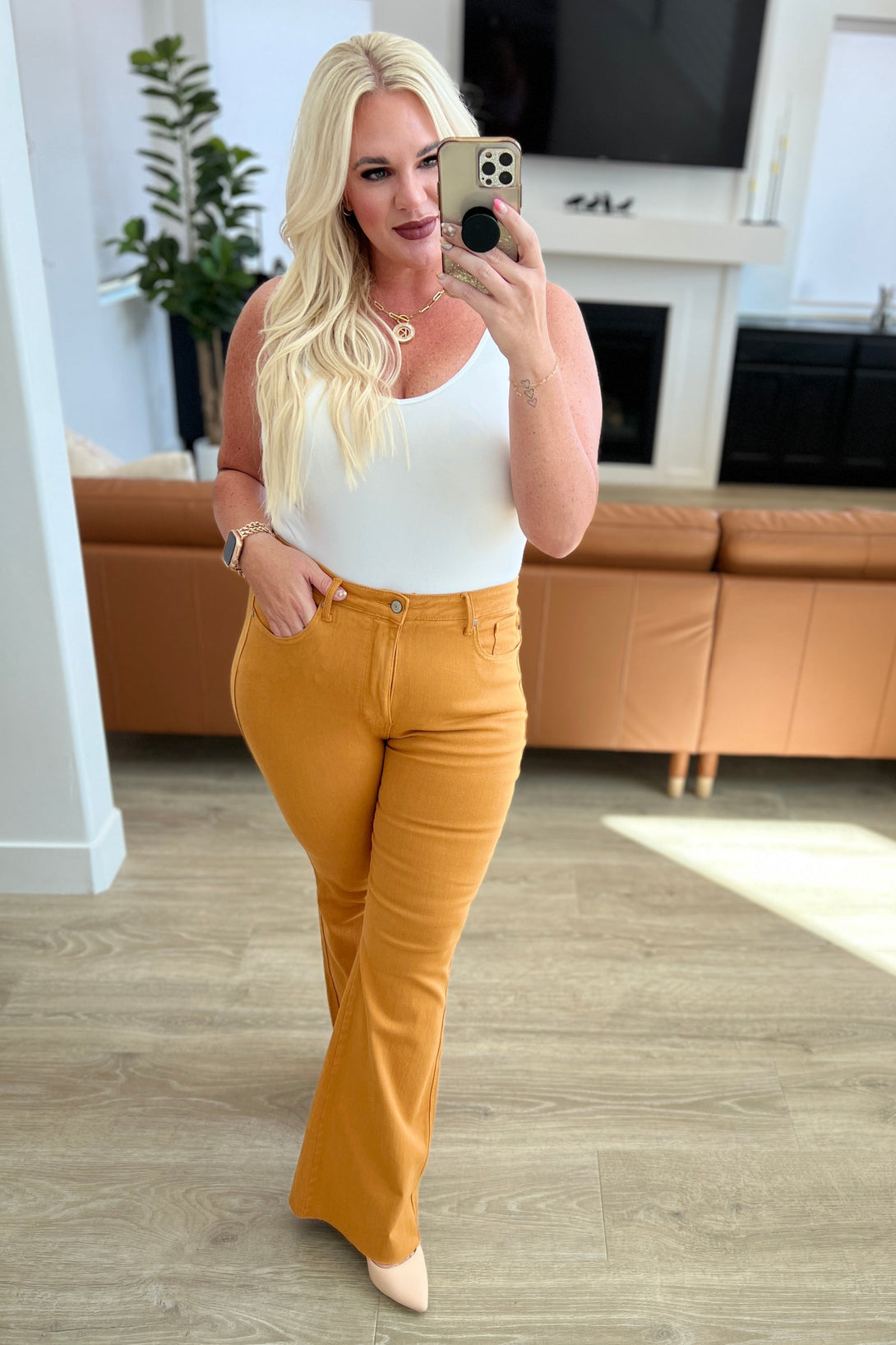 Melinda High Rise Control Top Flare Jeans in Marigold - Lavish Fix