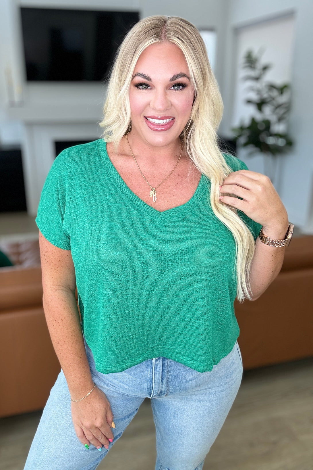 Classic Comfort V-Neck Top in Kelly Green - Lavish Fix