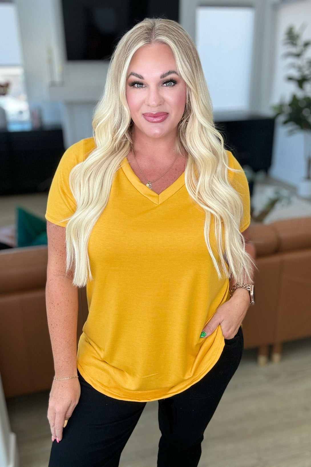 Heart and Soul V-Neck Top in Mustard - Lavish Fix