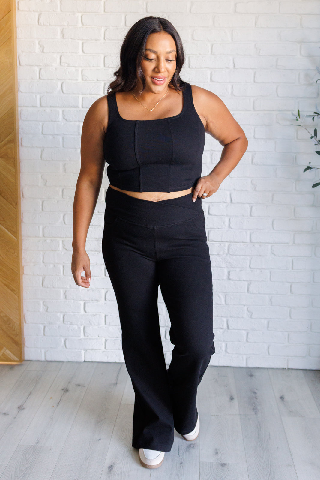 It's All About the Balance Twill Square Neck Crop Top in Black - Lavish Fix