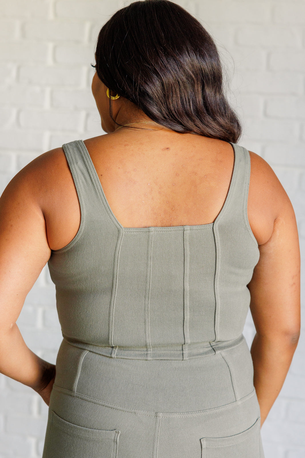 It's All About the Balance Twill Square Neck Crop Top in Dusty Olive - Lavish Fix