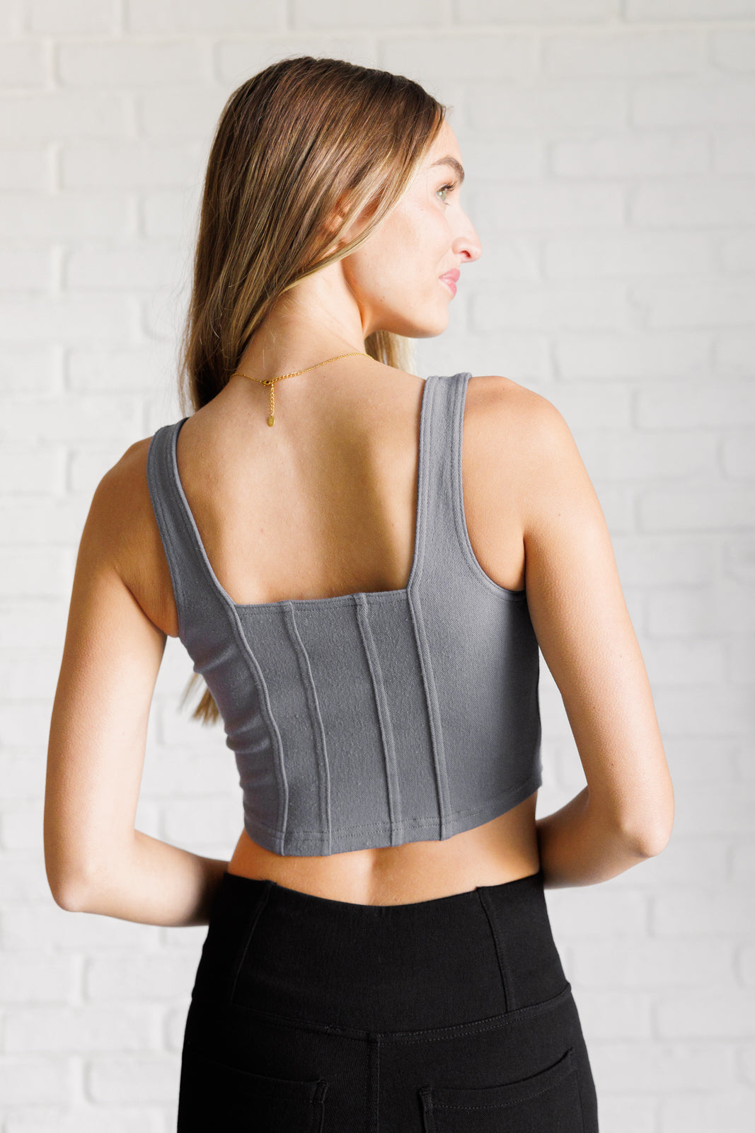 It's All About the Balance Twill Square Neck Crop Top in Titanium - Lavish Fix