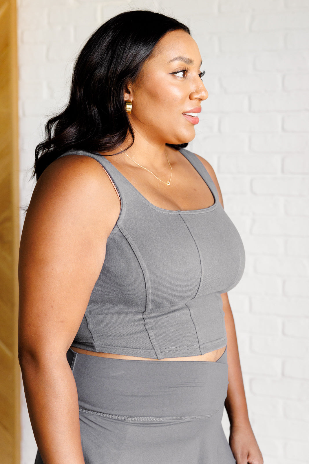 It's All About the Balance Twill Square Neck Crop Top in Titanium - Lavish Fix