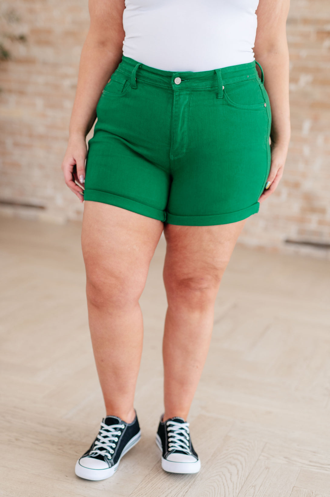 Jenna High Rise Control Top Cuffed Shorts in Green - Lavish Fix